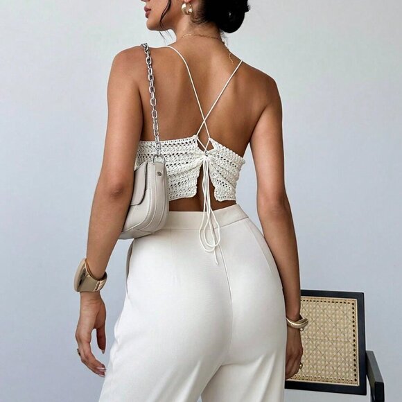 Apricot Casual Women's Ruched Drawstring Beach Vacation Crochet Knit Tank Top - Picture 2 of 7